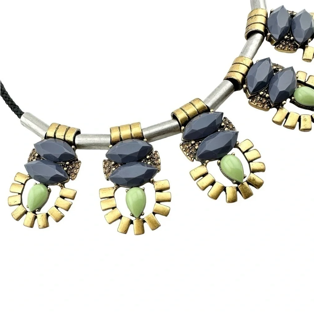 J Crew Necklace, Slate Mint Green w Silver & Gold Tone Metal Slide & Black Cord